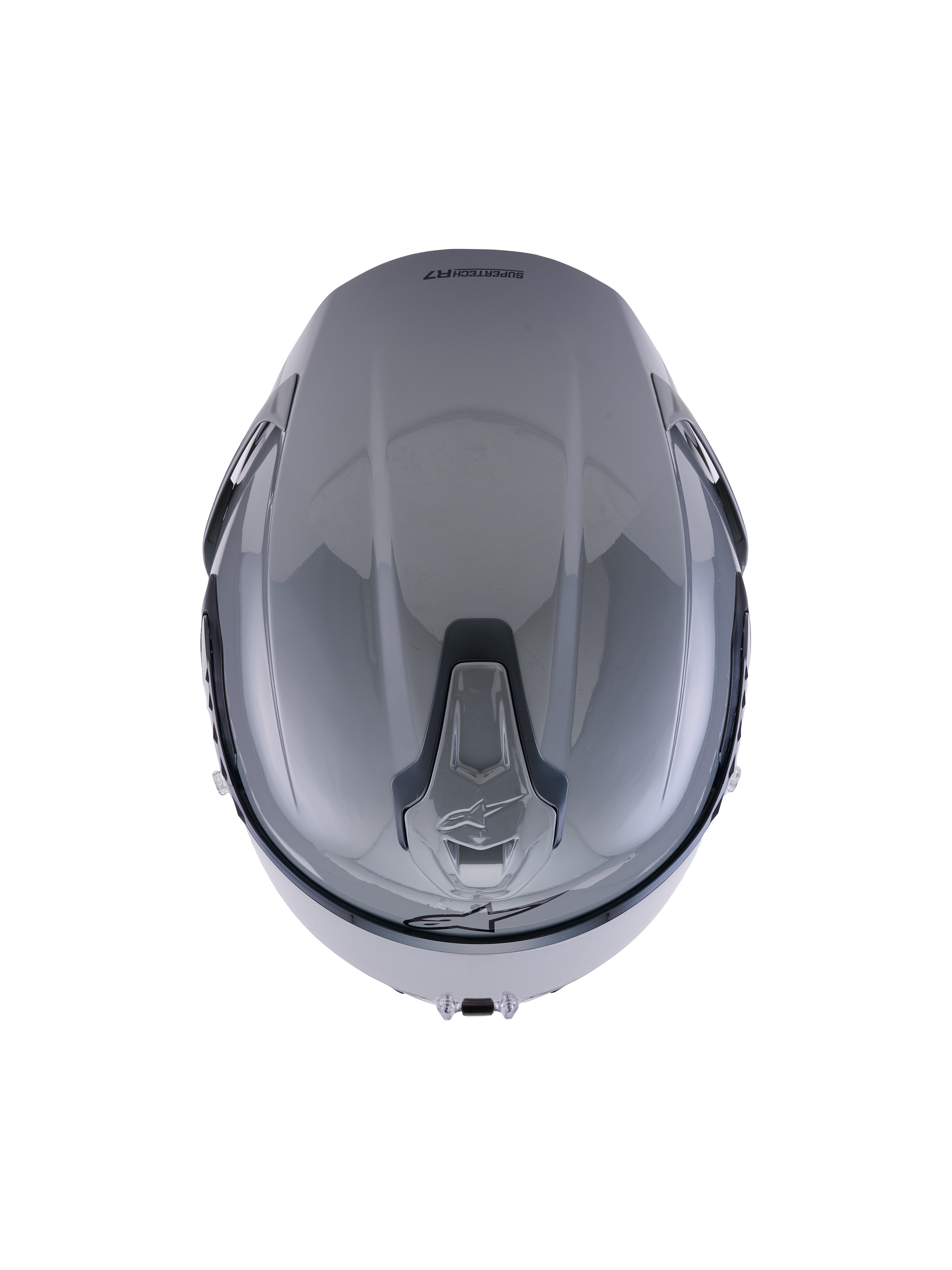 Alpinestars S-R7 Solid hjelm, Gray Glossy, set oppefra, der fremhæver det aerodynamiske skal-design og de integrerede skydbare topventilationsåbninger.