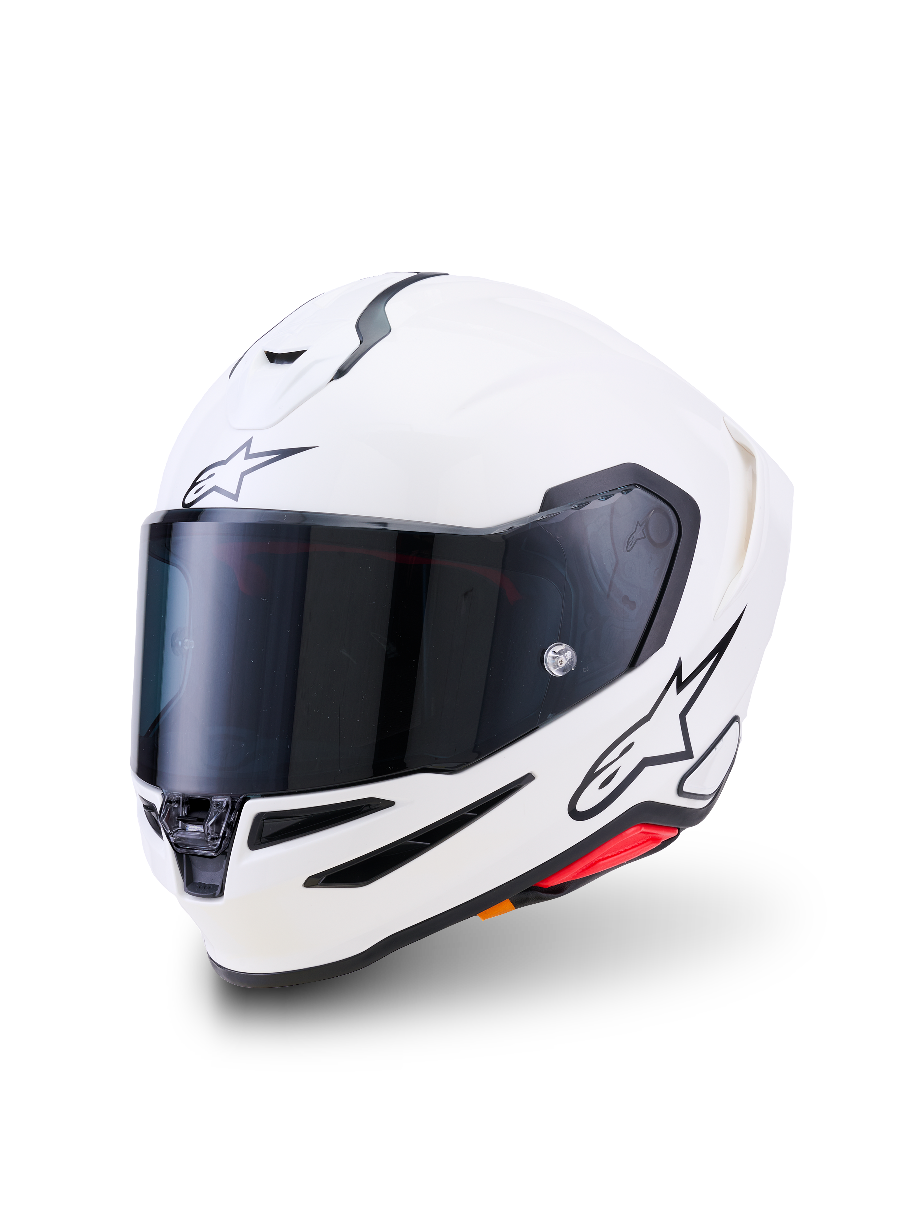 Alpinestars S-R7 Solid hjelm, full-face motorcykelhjelm, blank hvid, mørkt tonet visir, sort stjerne-logo på panden og siden, aerodynamisk skal med ventilationsåbninger og røde detaljer, højtydende udstyr til racing og landevej