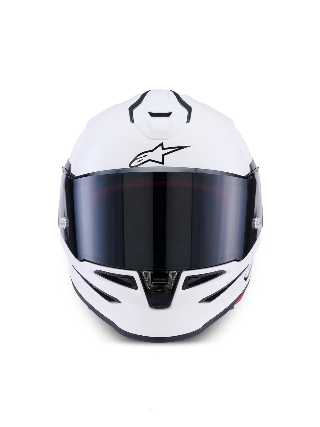Alpinestars S-R7 Solid hjelm, full-face motorcykelhjelm, blank hvid, set forfra med mørkt tonet visir, aerodynamisk skal med integrerede ventilationsåbninger, professionelt racer- og sportsudstyr