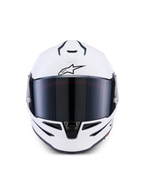 Alpinestars S-R7 Solid hjelm, full-face motorcykelhjelm, blank hvid, set forfra med mørkt tonet visir, aerodynamisk skal med integrerede ventilationsåbninger, professionelt racer- og sportsudstyr