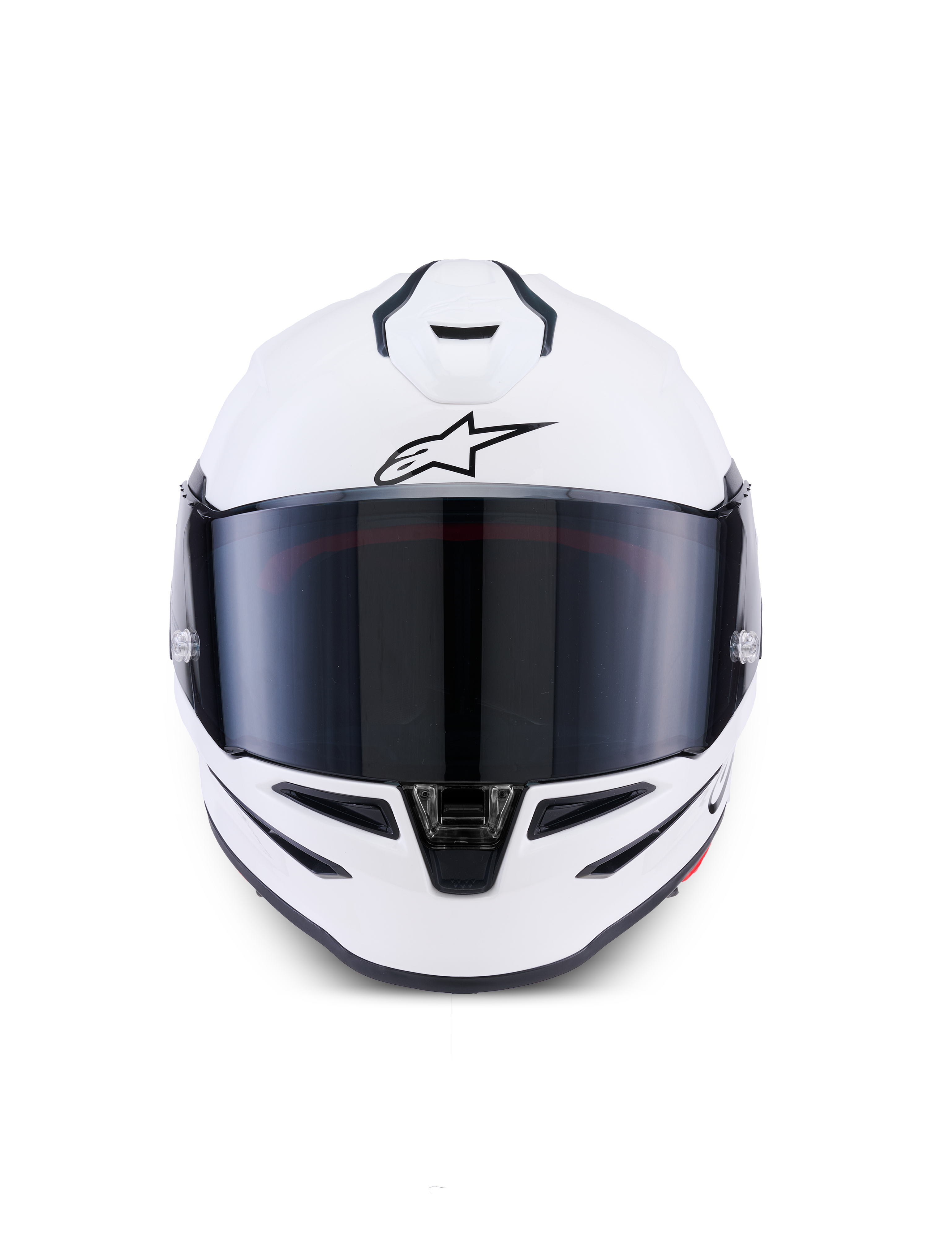 Alpinestars S-R7 Solid hjelm, full-face motorcykelhjelm, blank hvid, set forfra med mørkt tonet visir, aerodynamisk skal med integrerede ventilationsåbninger, professionelt racer- og sportsudstyr