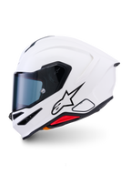 Alpinestars S-R7 Solid hjelm, full-face motorcykelhjelm, hvid blank, strømlinet aerodynamisk skal med integreret hækspoiler, klart visir og flere ventilationsåbninger, højtydende racer- og sportsbeskyttelsesudstyr