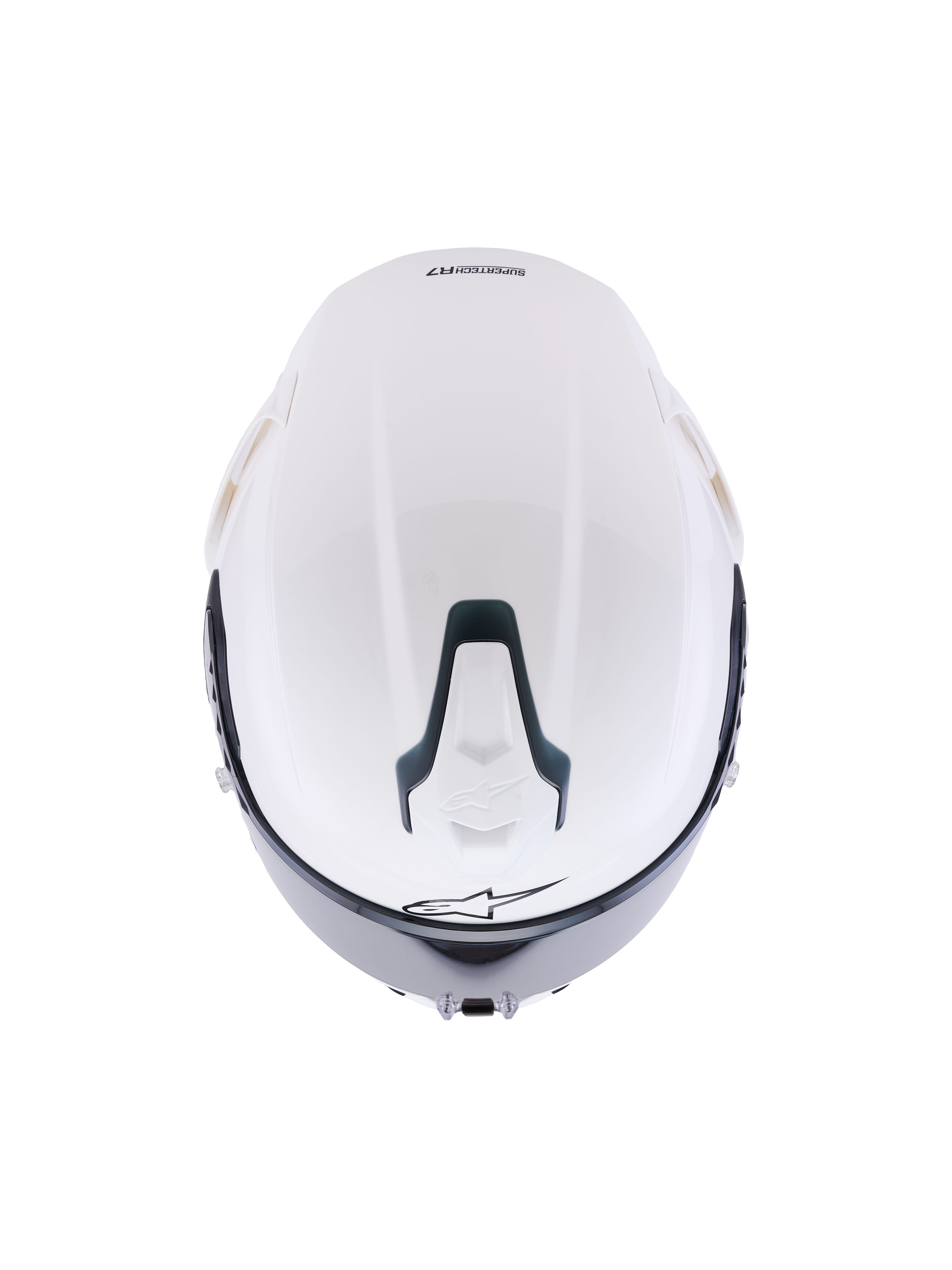 Alpinestars S-R7 Solid hjelm, hvid blank full-face motorcykelhjelm, set fra oven med den aerodynamiske skal, skydbar topventilationsåbning med sorte detaljer og signatur-stjernelogo, strømlinet racer-inspireret design til stabilitet ved høje hastigheder.