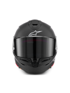 Alpinestars Supertech R7 Solid Helmet, matte black full-face motorcycle helmet, front view featuring a tinted visor, white Astar logo, and carbon composite construction