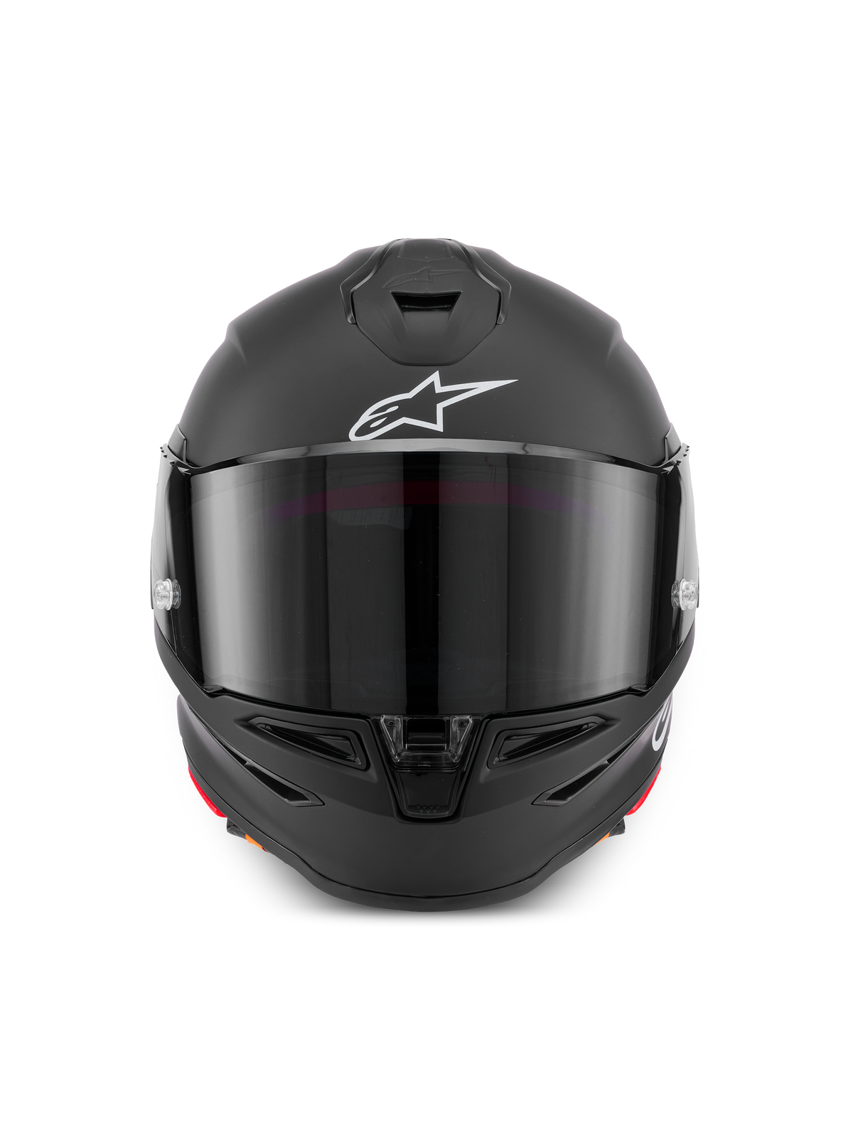 Alpinestars Supertech R7 Solid Helmet, matte black full-face motorcycle helmet, front view featuring a tinted visor, white Astar logo, and carbon composite construction