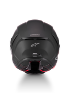 Alpinestars Supertech R7 Solid Helmet, motorcycle racing helmet in black matte, rear view showcasing ventilation exhaust, Supertech R7 branding, and ECE certification label