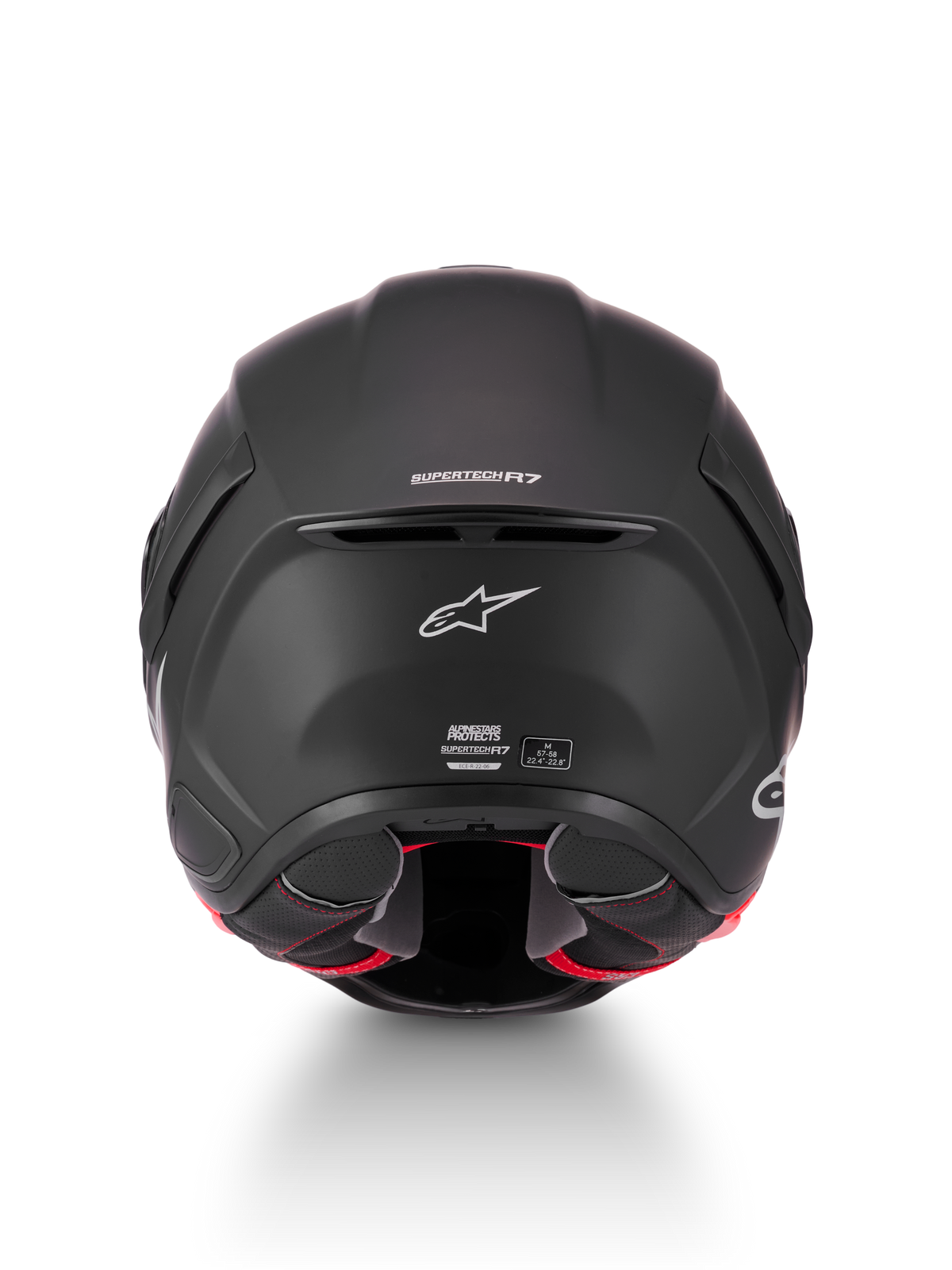 Alpinestars Supertech R7 Solid Helmet, motorcycle racing helmet in black matte, rear view showcasing ventilation exhaust, Supertech R7 branding, and ECE certification label