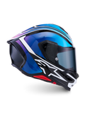 Alpinestars S-R7 Zeal Helmet, full-face motorcycle racing helmet, Black, Blue, Pink Fluo, and White, carbon composite construction, ECE 22.06 certified, side profile view showing aerodynamic shell and visor