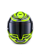 Alpinestars S-R7 Zeal Helmet ECE 22.06, full-face road racing motorcycle helmet in Yellow Fluo, Black, and White with glossy finish, featuring carbon construction and aerodynamic visor design