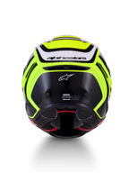 Alpinestars S-R7 Zeal Helmet ECE 22.06, Full Face Motorcycle Racing Helmet, Yellow Fluo, Black and White, rear view showing carbon composite construction and Alpinestars branding