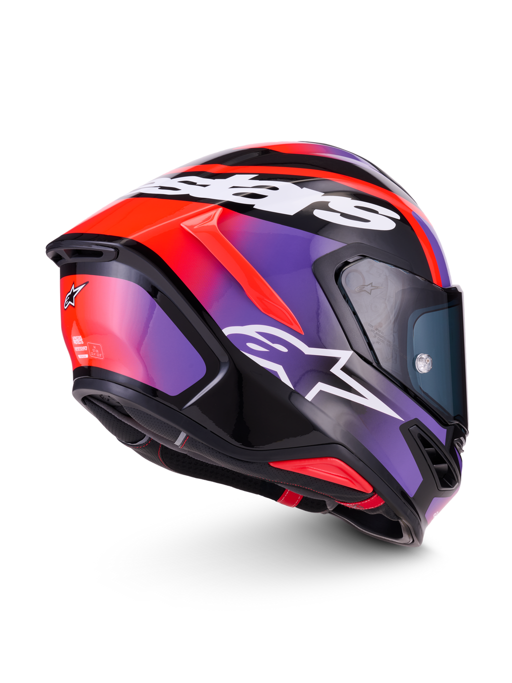 Alpinestars S-R7 Lumen hjelm, fuld-face racermotorcykelhjelm i sort, lilla, fluorød og hvid, med kulfiberkompositkonstruktion og aerodynamisk design