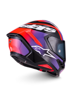 Alpinestars S-R7 Lumen hjelm, fuld-face racermotorcykelhjelm i sort, lilla, fluorød og hvid, med kulfiberkompositkonstruktion og aerodynamisk design