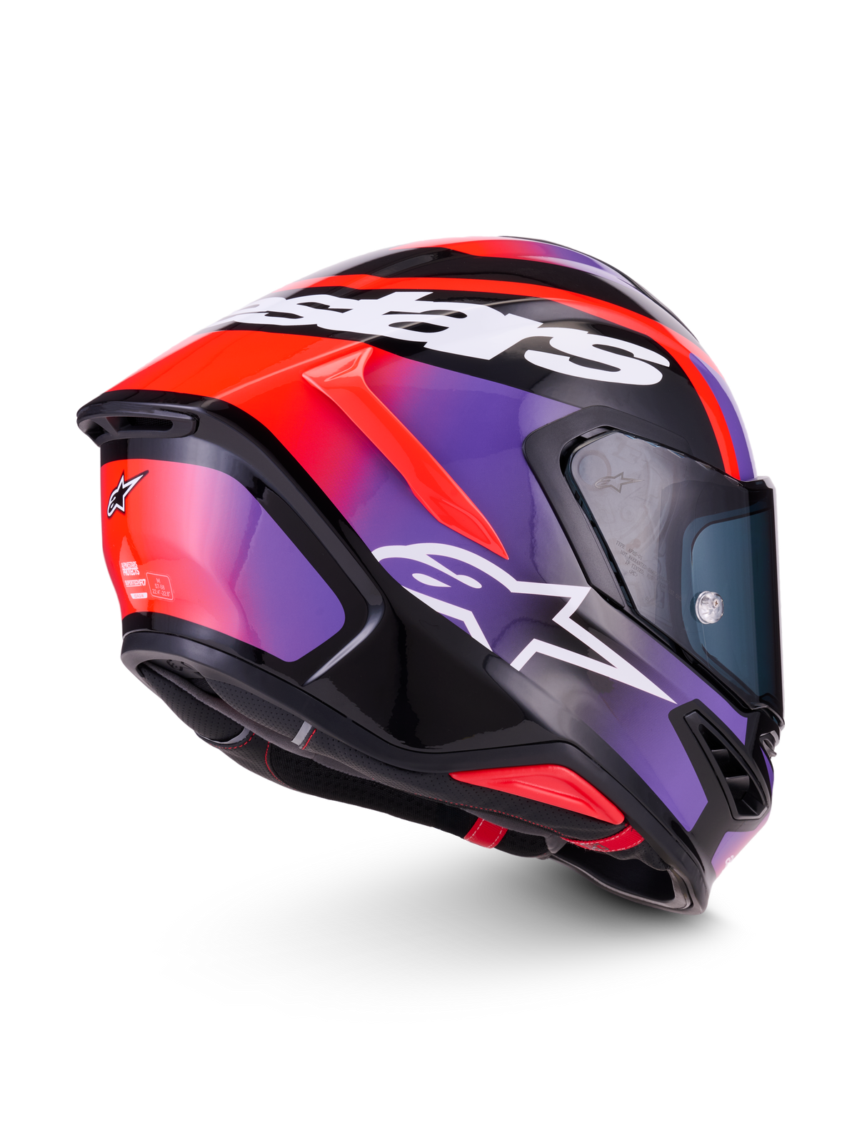 Alpinestars S-R7 Lumen hjelm, fuld-face racermotorcykelhjelm i sort, lilla, fluorød og hvid, med kulfiberkompositkonstruktion og aerodynamisk design