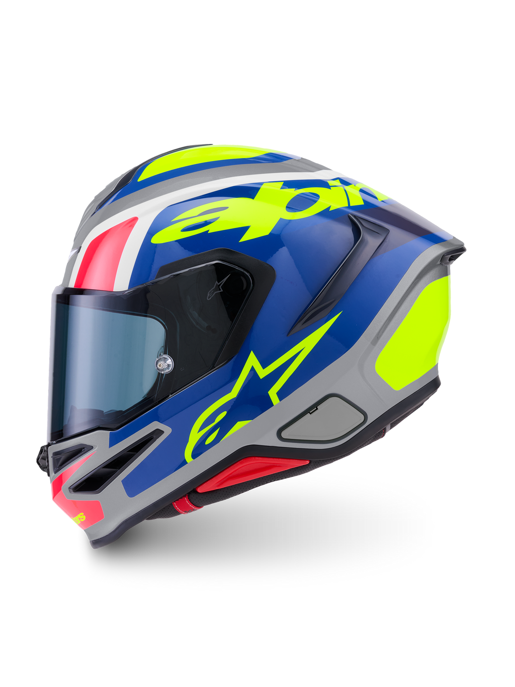 Alpinestars S-R7 Lumen hjelm, fuld-ansigts motorcykelhjelm, sølv, blå, pink og gul, blank carbonkompositkonstruktion, ECE-godkendt