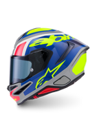 Alpinestars S-R7 Lumen hjelm, fuld-ansigts motorcykelhjelm, sølv, blå, pink og gul, blank carbonkompositkonstruktion, ECE-godkendt