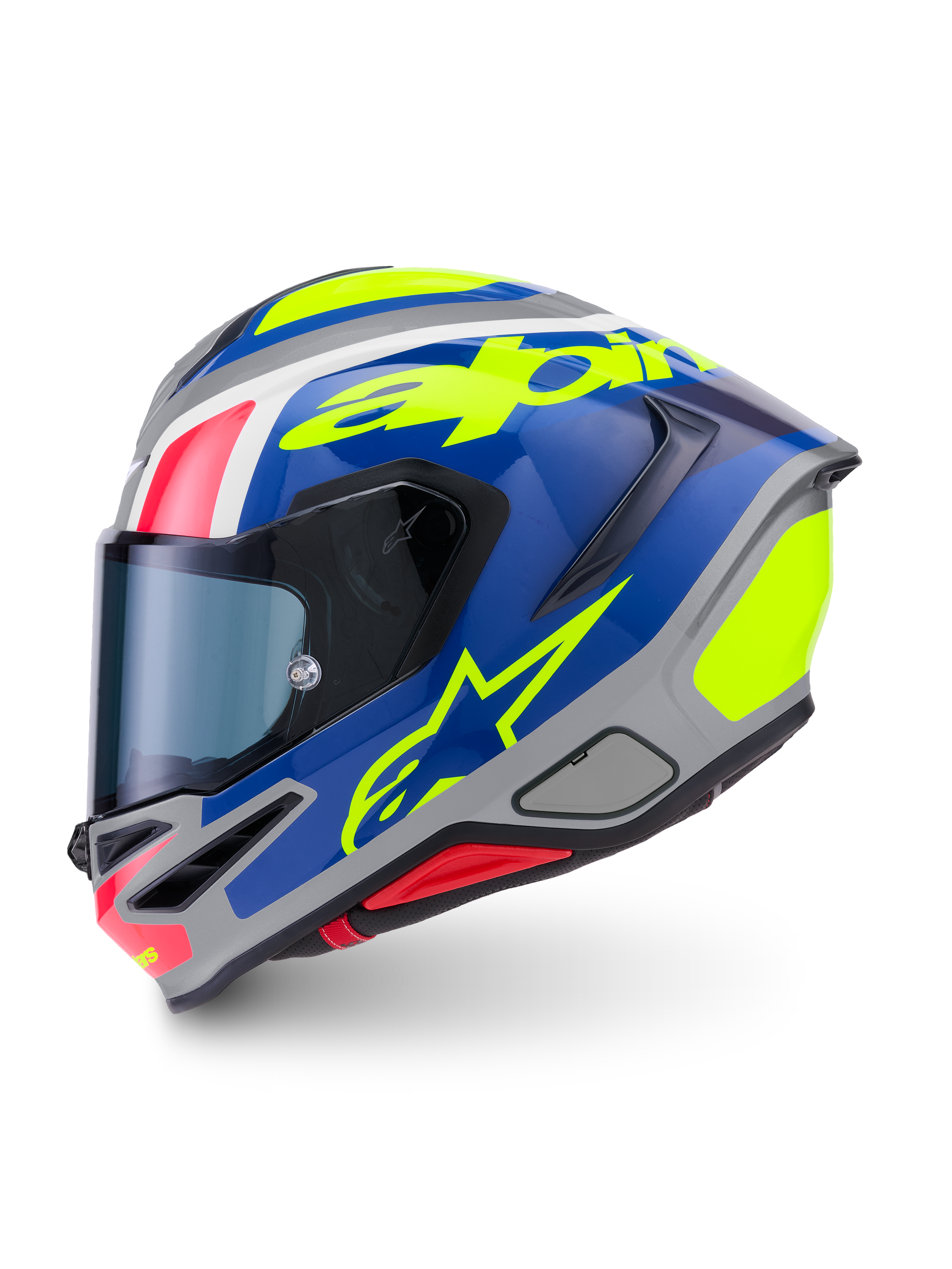 Alpinestars S-R7 Lumen hjelm, fuld-ansigts motorcykelhjelm, sølv, blå, pink og gul, blank carbonkompositkonstruktion, ECE-godkendt
