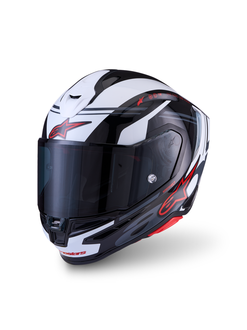 Alpinestars S-R7 A-Core Hjelm, fuldheds-motorcykelhjelm, sort, hvid og rød, kulstofkompositkonstruktion, ECE-certificeret
