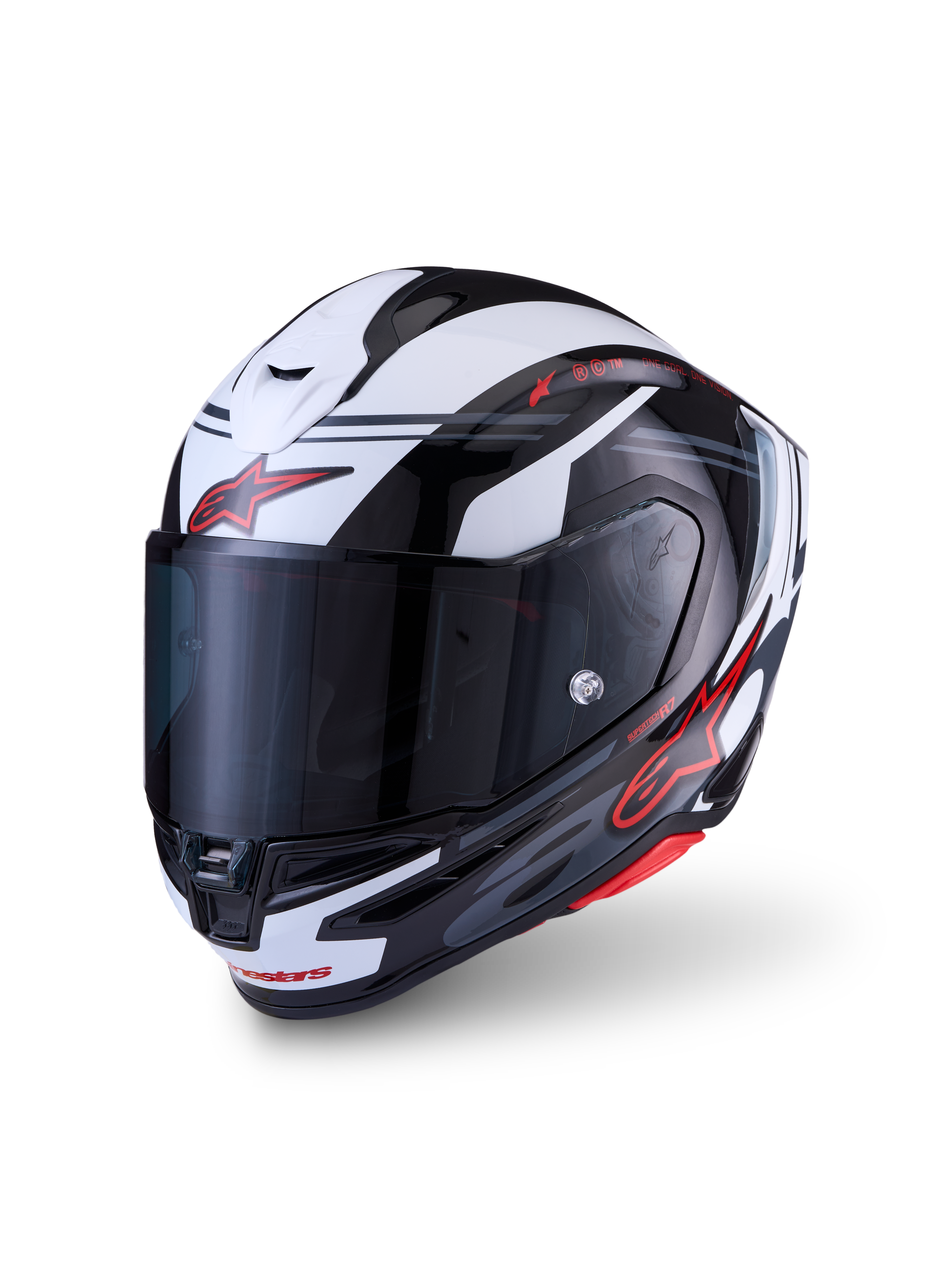 Alpinestars S-R7 A-Core Hjelm, fuldheds-motorcykelhjelm, sort, hvid og rød, kulstofkompositkonstruktion, ECE-certificeret