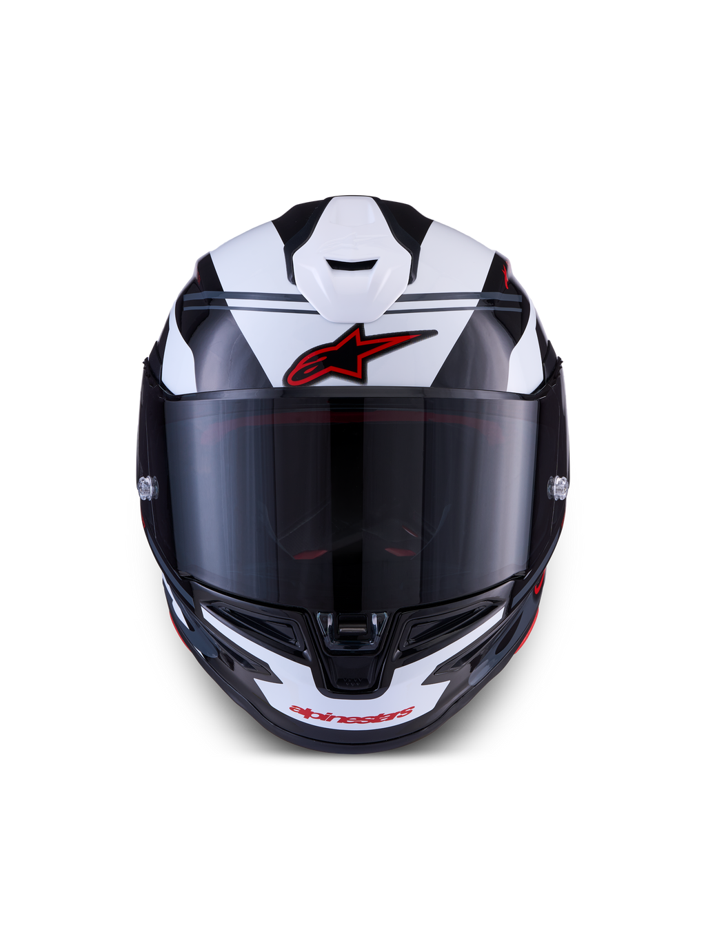 Alpinestars S-R7 A-Core hjelm, fuld-ansigts motorcykelhjelm til road racing, sort, hvid og rød, frontudsigten viser aerodynamisk design og visir