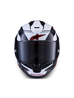 Alpinestars S-R7 A-Core hjelm, fuld-ansigts motorcykelhjelm til road racing, sort, hvid og rød, frontudsigten viser aerodynamisk design og visir