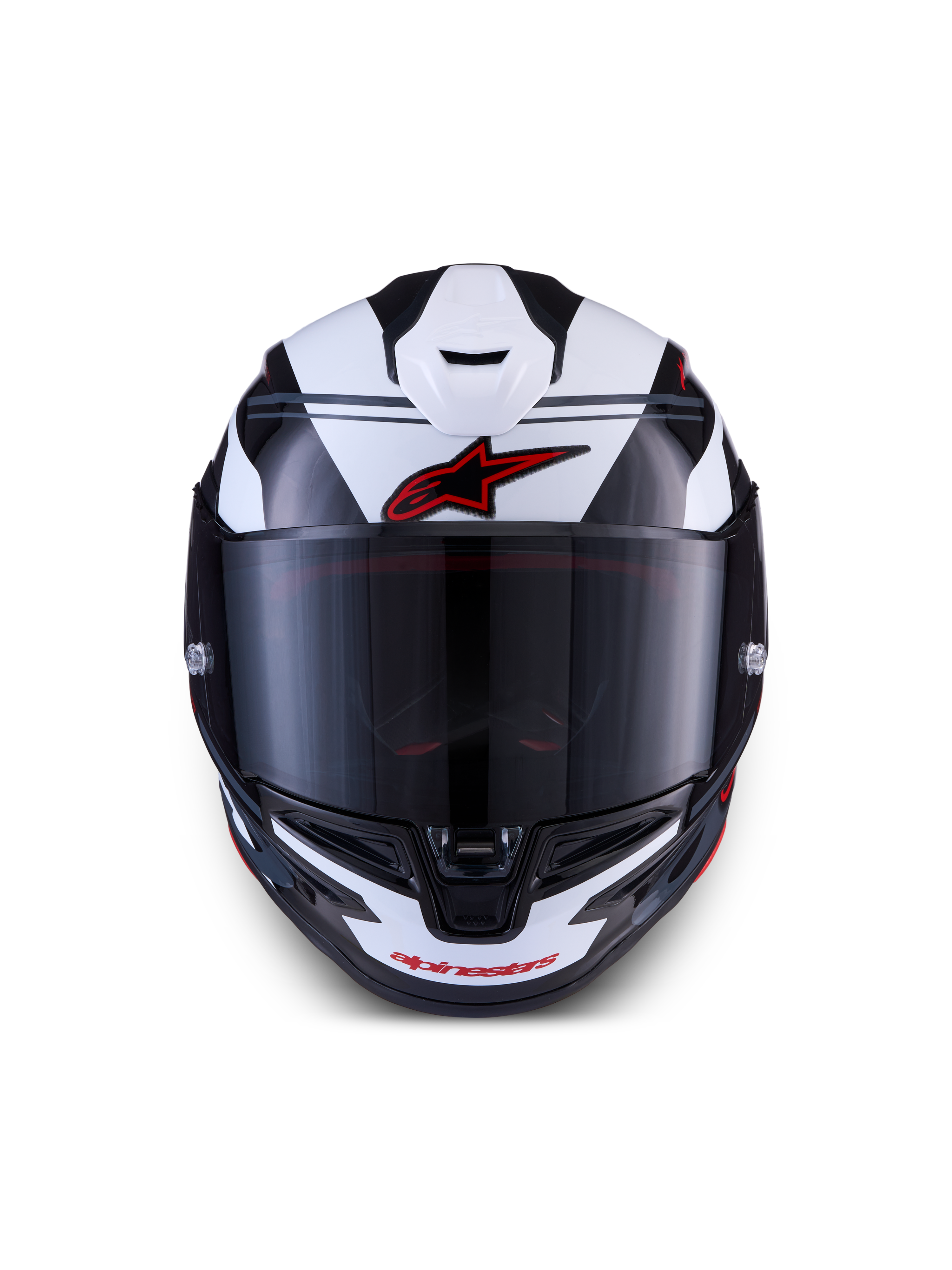 Alpinestars S-R7 A-Core hjelm, fuld-ansigts motorcykelhjelm til road racing, sort, hvid og rød, frontudsigten viser aerodynamisk design og visir