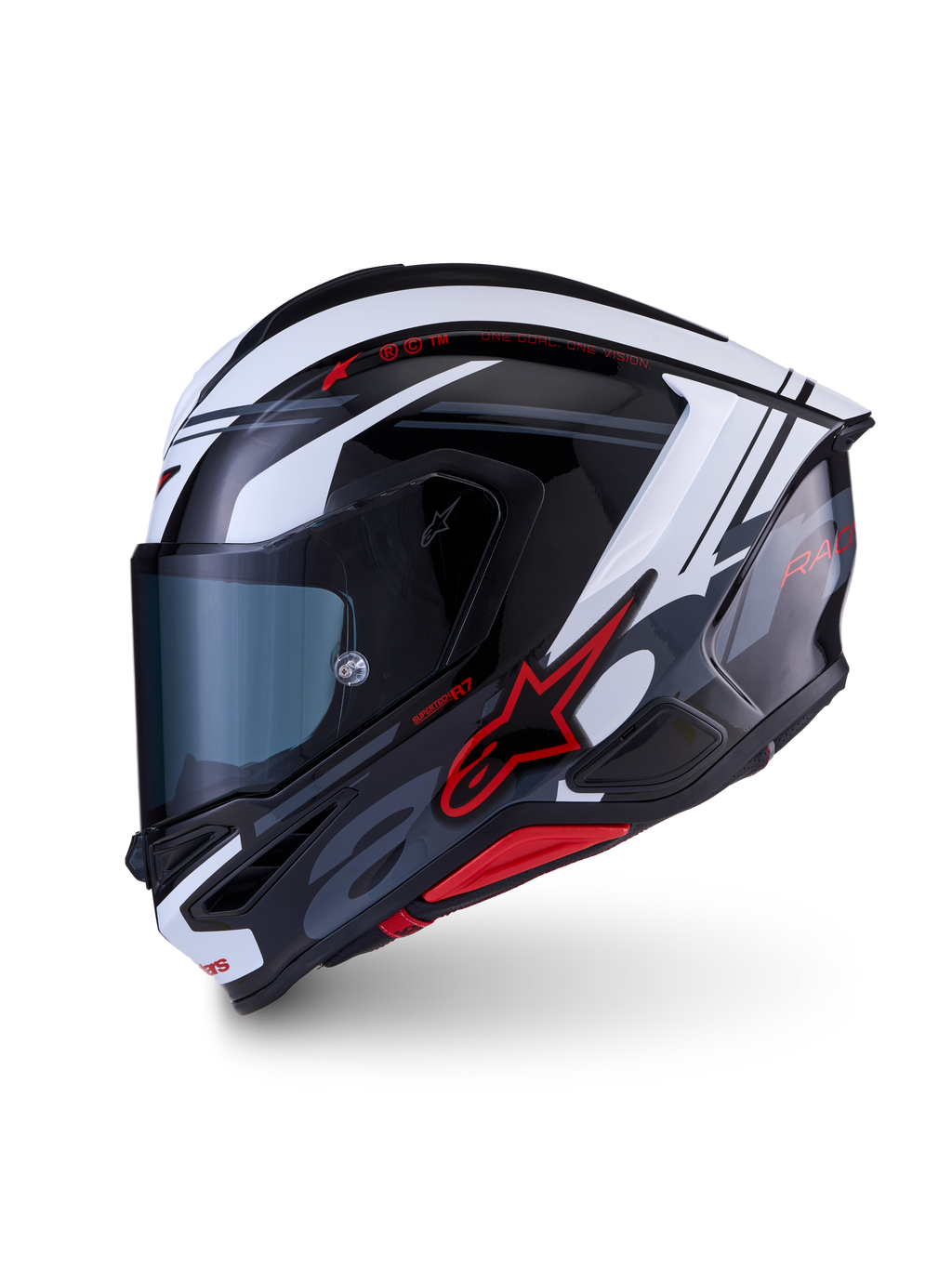Alpinestars S-R7 A-Core hjelm, fuld-ansigt motorcykelhjelm til road racing i sort, hvid og rød, kulstofkompositkonstruktion, ECE-godkendt