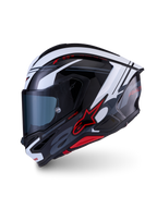 Alpinestars S-R7 A-Core hjelm, fuld-ansigt motorcykelhjelm til road racing i sort, hvid og rød, kulstofkompositkonstruktion, ECE-godkendt