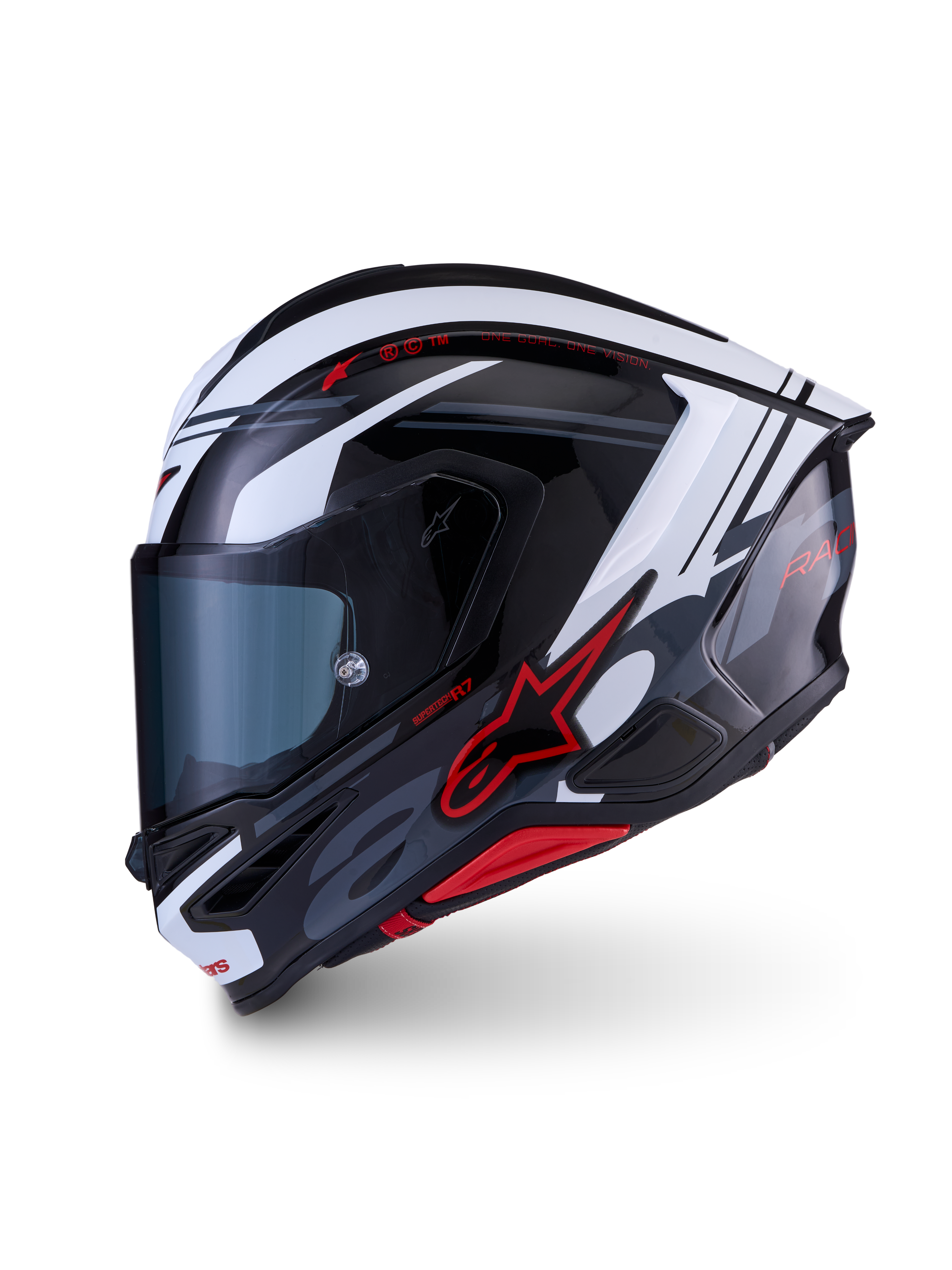 Alpinestars S-R7 A-Core hjelm, fuld-ansigt motorcykelhjelm til road racing i sort, hvid og rød, kulstofkompositkonstruktion, ECE-godkendt
