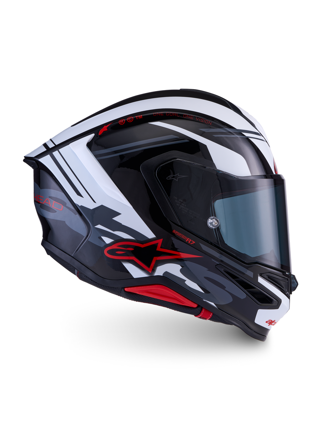 Alpinestars S-R7 A-Core hjelm, fuldmaske motorcykelhjelm, sort, hvid og rød, CE 22.06-certificeret kulfiberkonstruktion