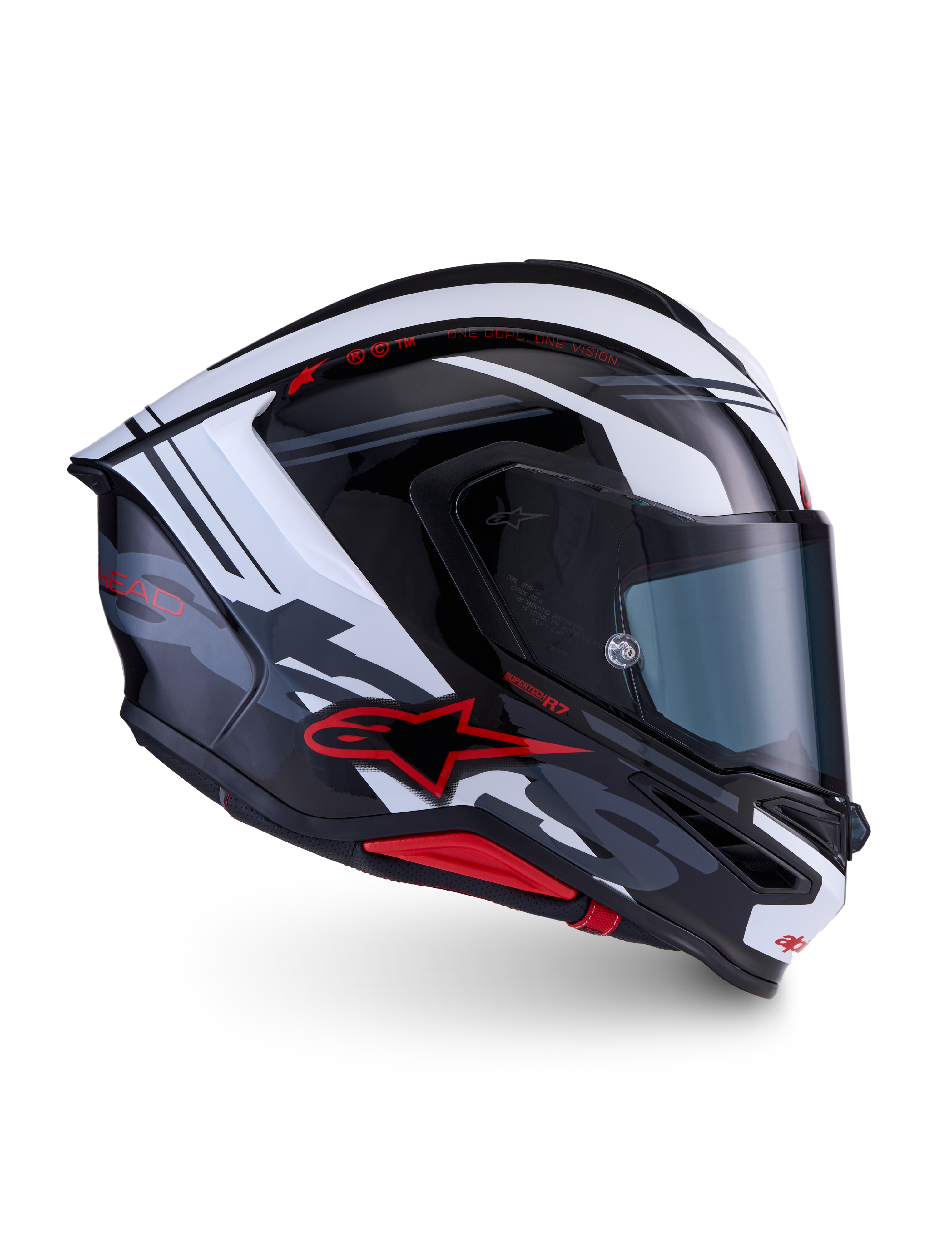 Alpinestars S-R7 A-Core hjelm, fuldmaske motorcykelhjelm, sort, hvid og rød, CE 22.06-certificeret kulfiberkonstruktion