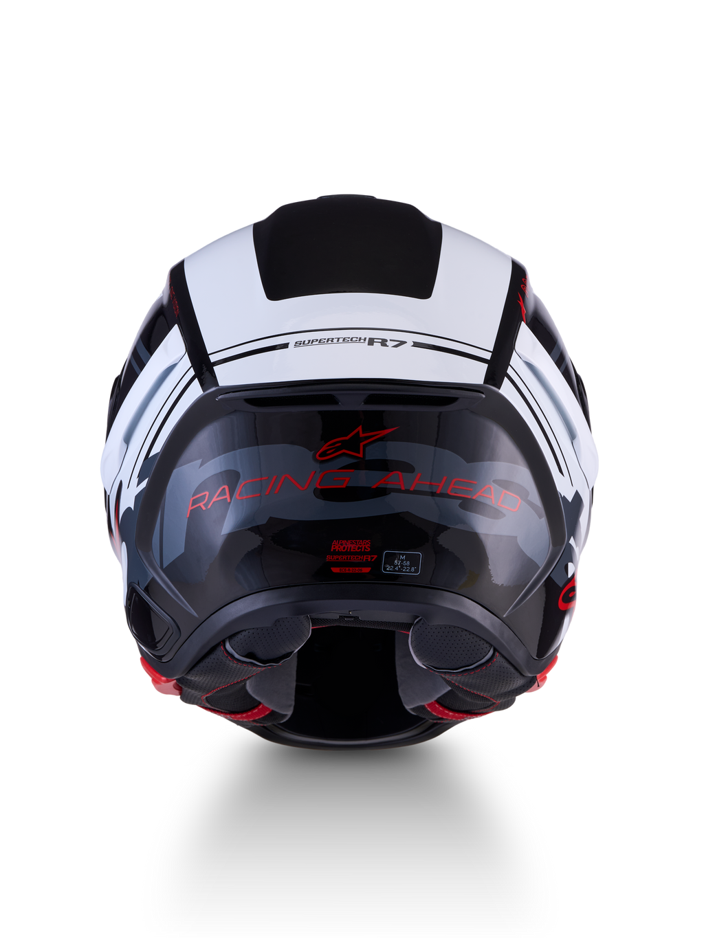 Alpinestars S-R7 A-Core Hjelm ECE06, motorcykelracinghjelm set bagfra med kulstofkompositkonstruktion, sort, hvid og rød blank finish med RACING AHEAD-skrift og ECE-certificering