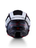 Alpinestars S-R7 A-Core Hjelm ECE06, motorcykelracinghjelm set bagfra med kulstofkompositkonstruktion, sort, hvid og rød blank finish med RACING AHEAD-skrift og ECE-certificering