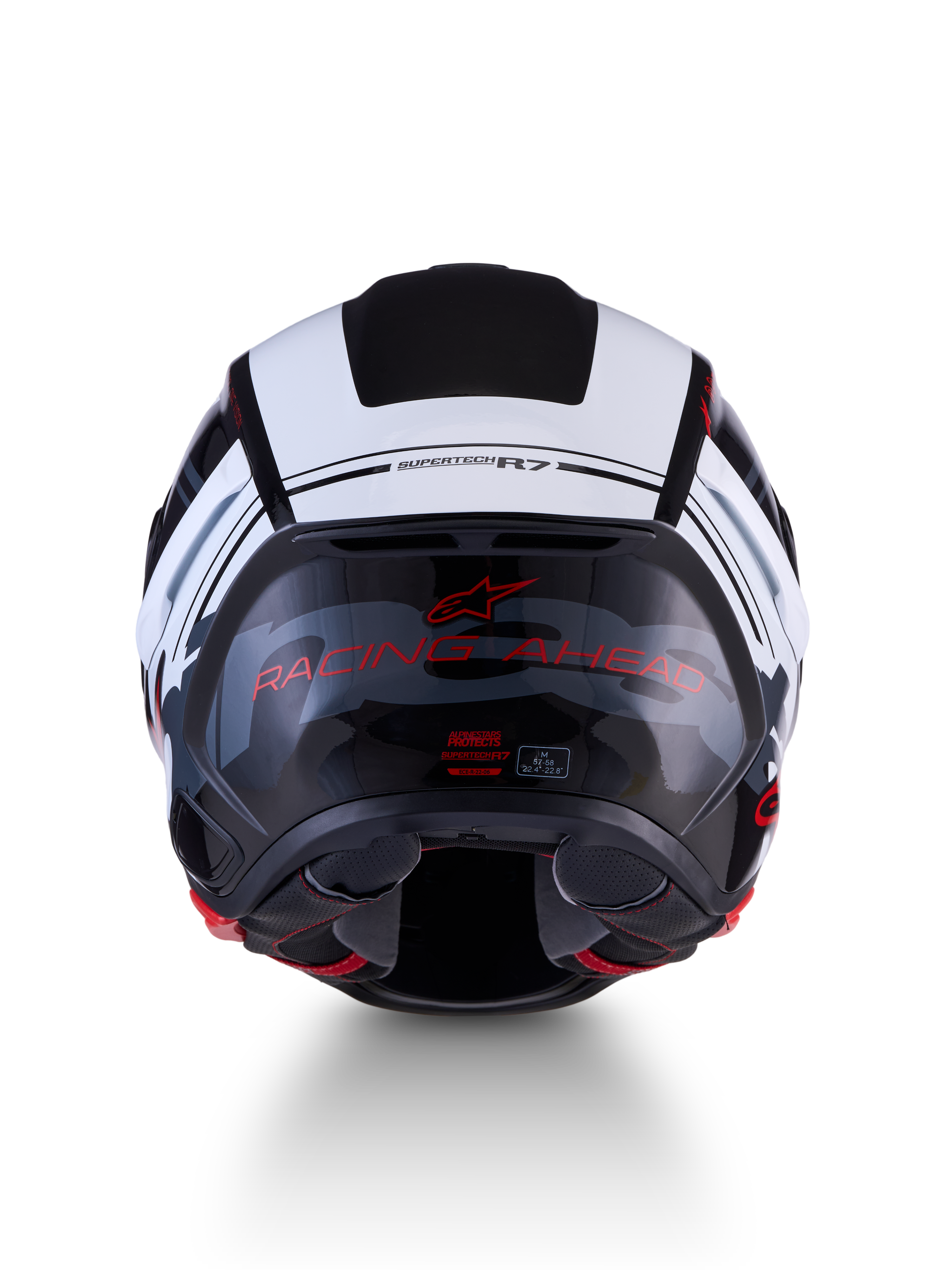 Alpinestars S-R7 A-Core Hjelm ECE06, motorcykelracinghjelm set bagfra med kulstofkompositkonstruktion, sort, hvid og rød blank finish med RACING AHEAD-skrift og ECE-certificering
