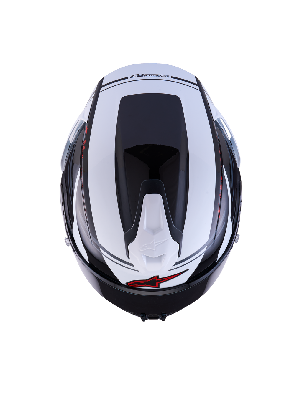 Alpinestars S-R7 A-Core Hjelm, set ovenfra med aerodynamisk profil og ventilationsdetaljer, sort, hvid og rød med blank finish, kulstofkompositkonstruktion, CE-certificeret