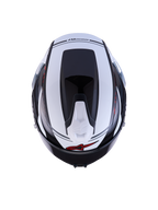 Alpinestars S-R7 A-Core Hjelm, set ovenfra med aerodynamisk profil og ventilationsdetaljer, sort, hvid og rød med blank finish, kulstofkompositkonstruktion, CE-certificeret