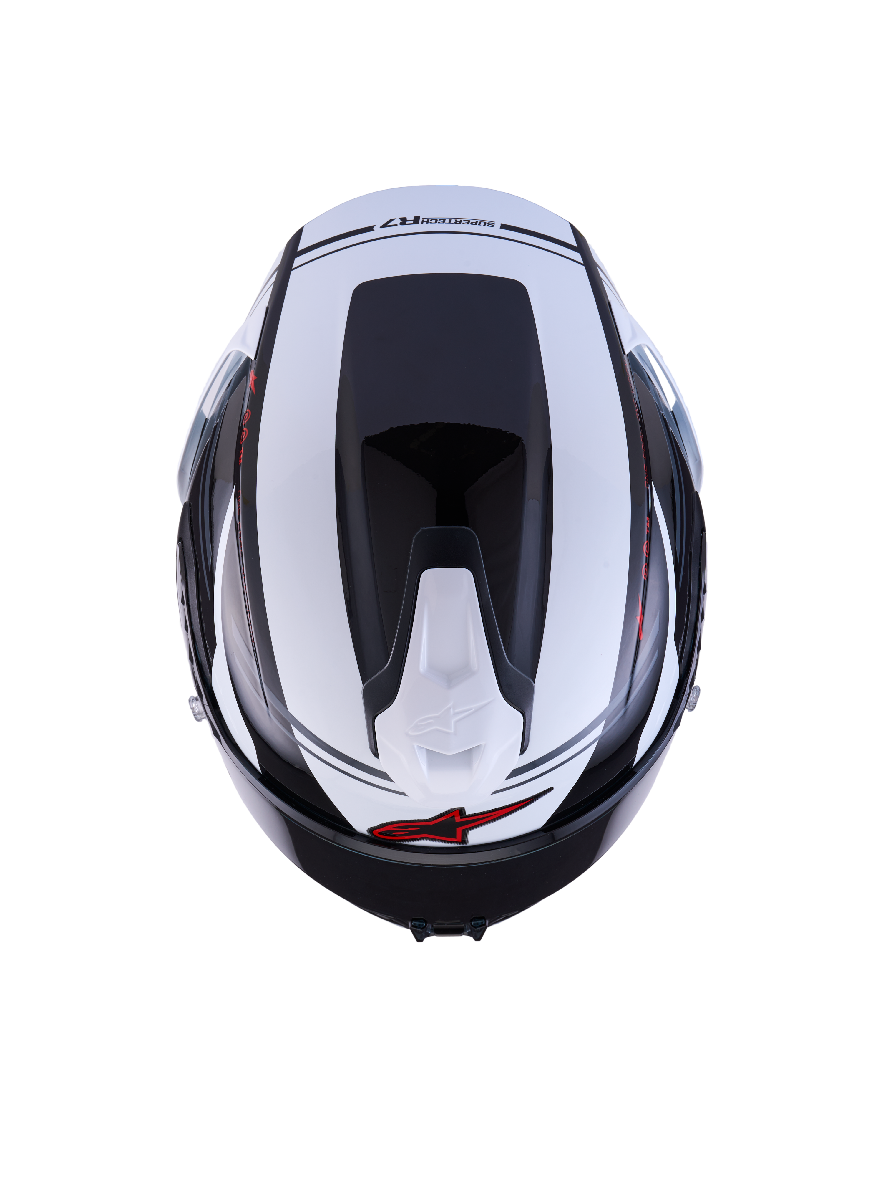 Alpinestars S-R7 A-Core Hjelm, set ovenfra med aerodynamisk profil og ventilationsdetaljer, sort, hvid og rød med blank finish, kulstofkompositkonstruktion, CE-certificeret