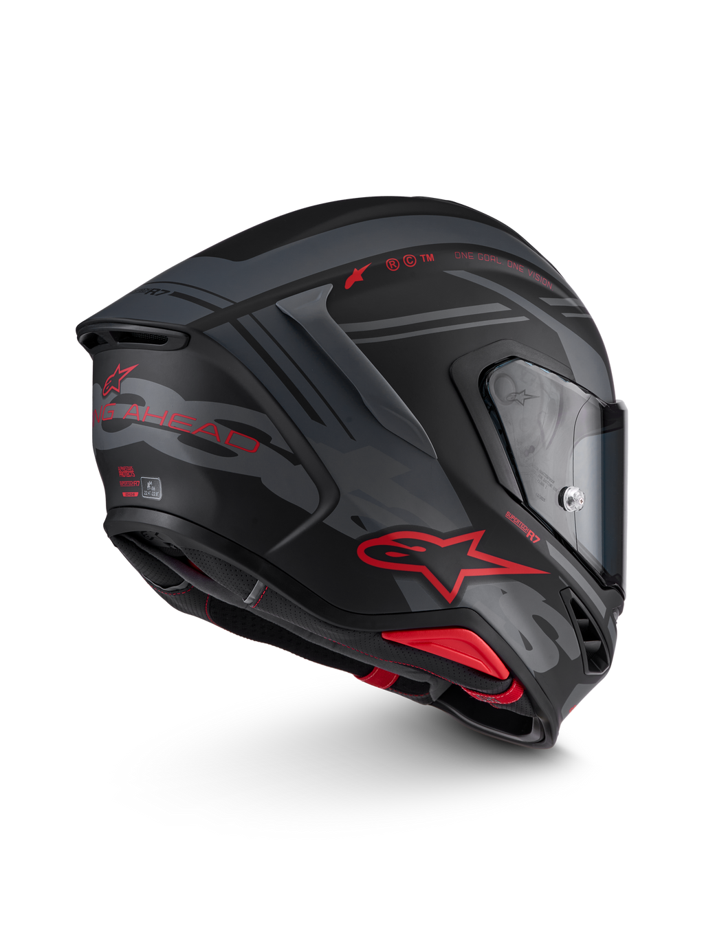 Alpinestars S-R7 A-Core hjelm, full-face motorcykelhjelm til road racing i mat sort, grå og rød med kulstofkompositkonstruktion, set fra siden med aerodynamik og visir