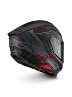 Alpinestars S-R7 A-Core hjelm, full-face motorcykelhjelm til road racing i mat sort, grå og rød med kulstofkompositkonstruktion, set fra siden med aerodynamik og visir
