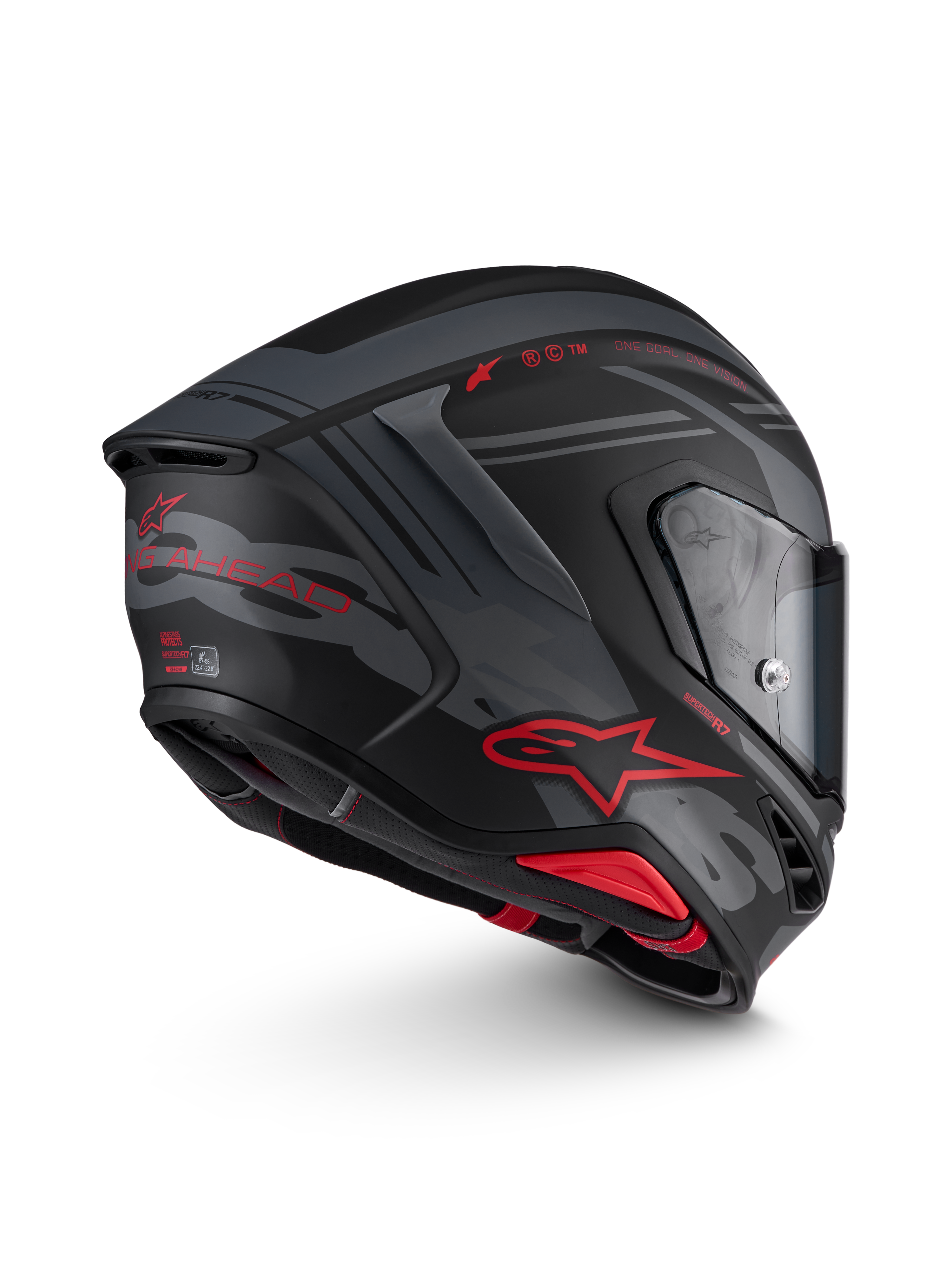 Alpinestars S-R7 A-Core hjelm, full-face motorcykelhjelm til road racing i mat sort, grå og rød med kulstofkompositkonstruktion, set fra siden med aerodynamik og visir