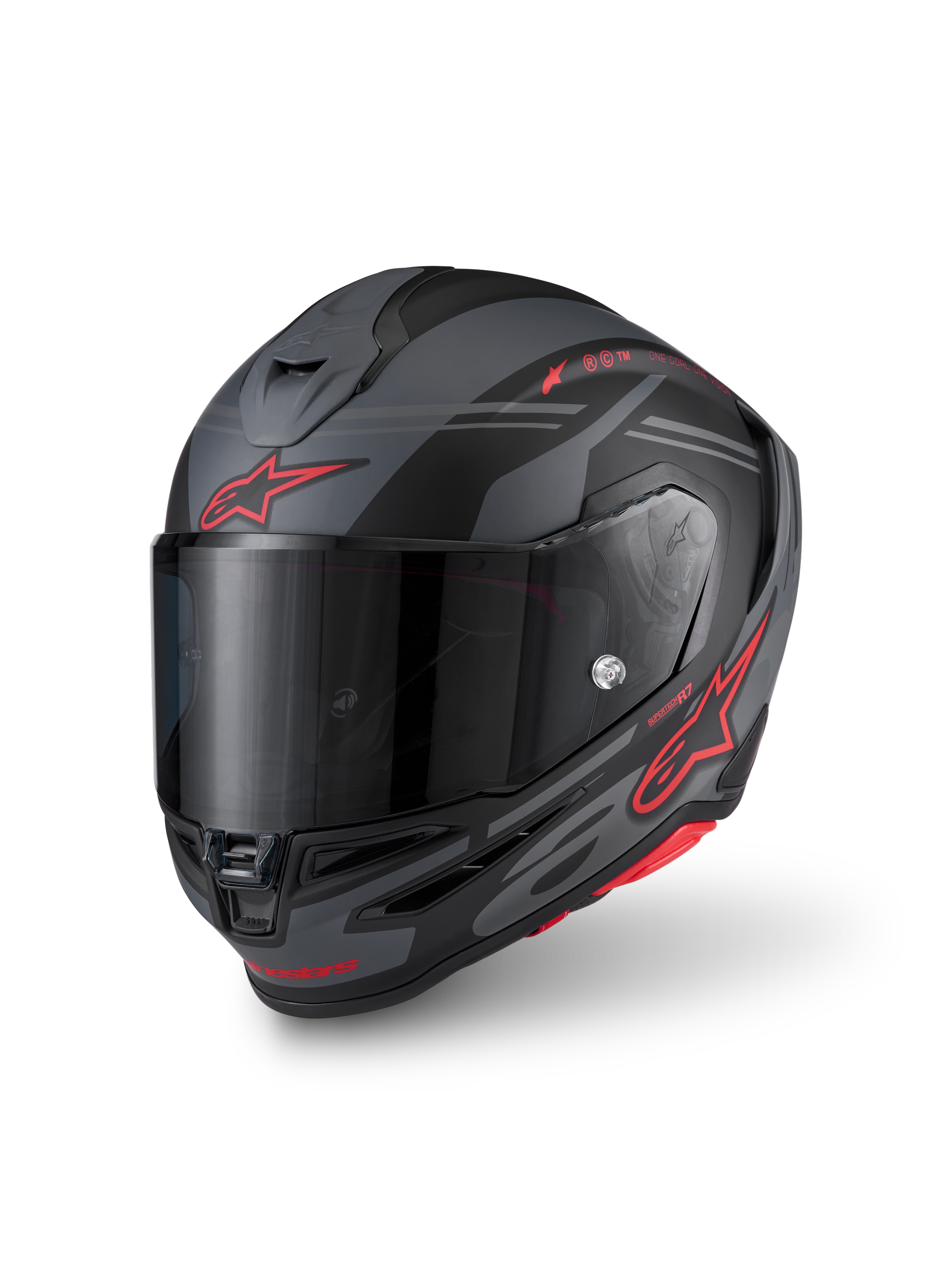 Alpinestars S-R7 A-Core Hjelm ECE 06, full-face motorcykelhjelm, sort, grå og rød, kulstofkompositkonstruktion