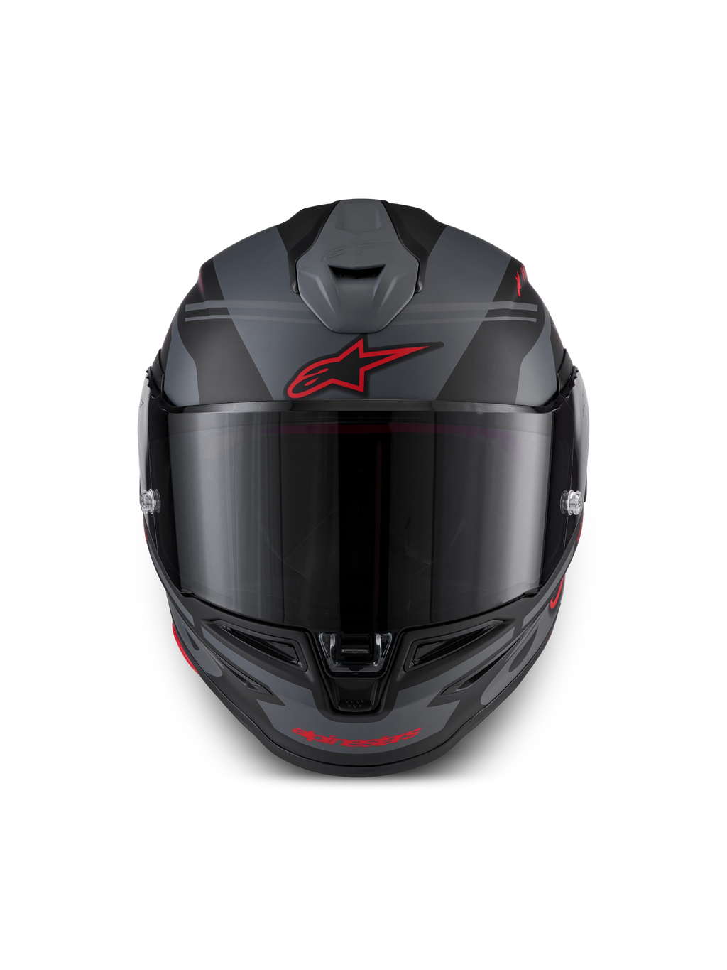 Alpinestars S-R7 A-Core Hjelm ECE 06, full-face motorcykelracinghjelm, sort, grå og rød, set forfra med aerodynamisk ventilation og klart visir