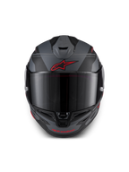 Alpinestars S-R7 A-Core Hjelm ECE 06, full-face motorcykelracinghjelm, sort, grå og rød, set forfra med aerodynamisk ventilation og klart visir