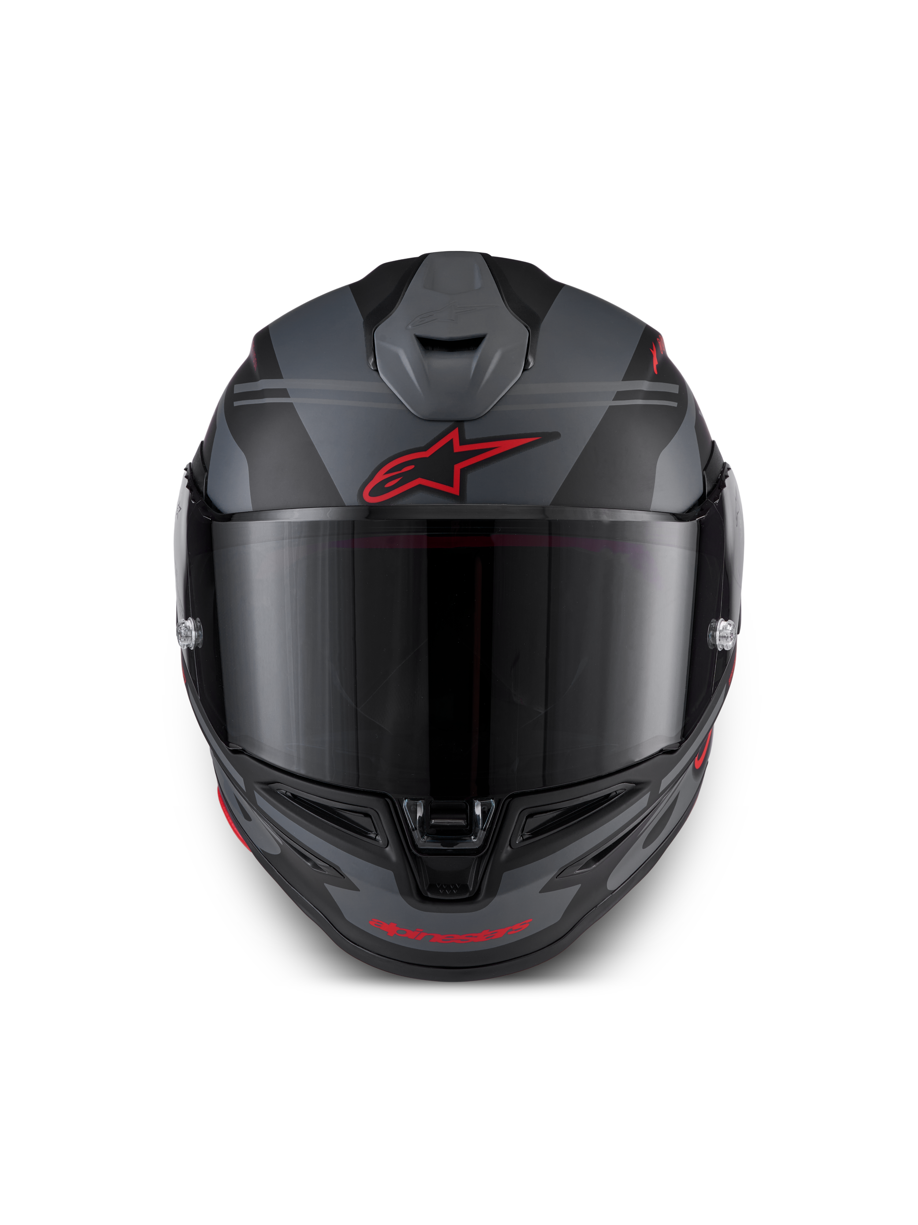 Alpinestars S-R7 A-Core Hjelm ECE 06, full-face motorcykelracinghjelm, sort, grå og rød, set forfra med aerodynamisk ventilation og klart visir