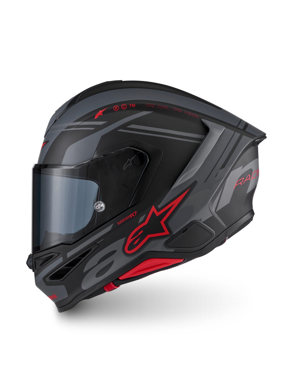 Alpinestars S-R7 A-Core Hjelm ECE06, full-face motorcykelhjelm i mat sort, grå og rød med aerodynamisk design og mærkedetaljer