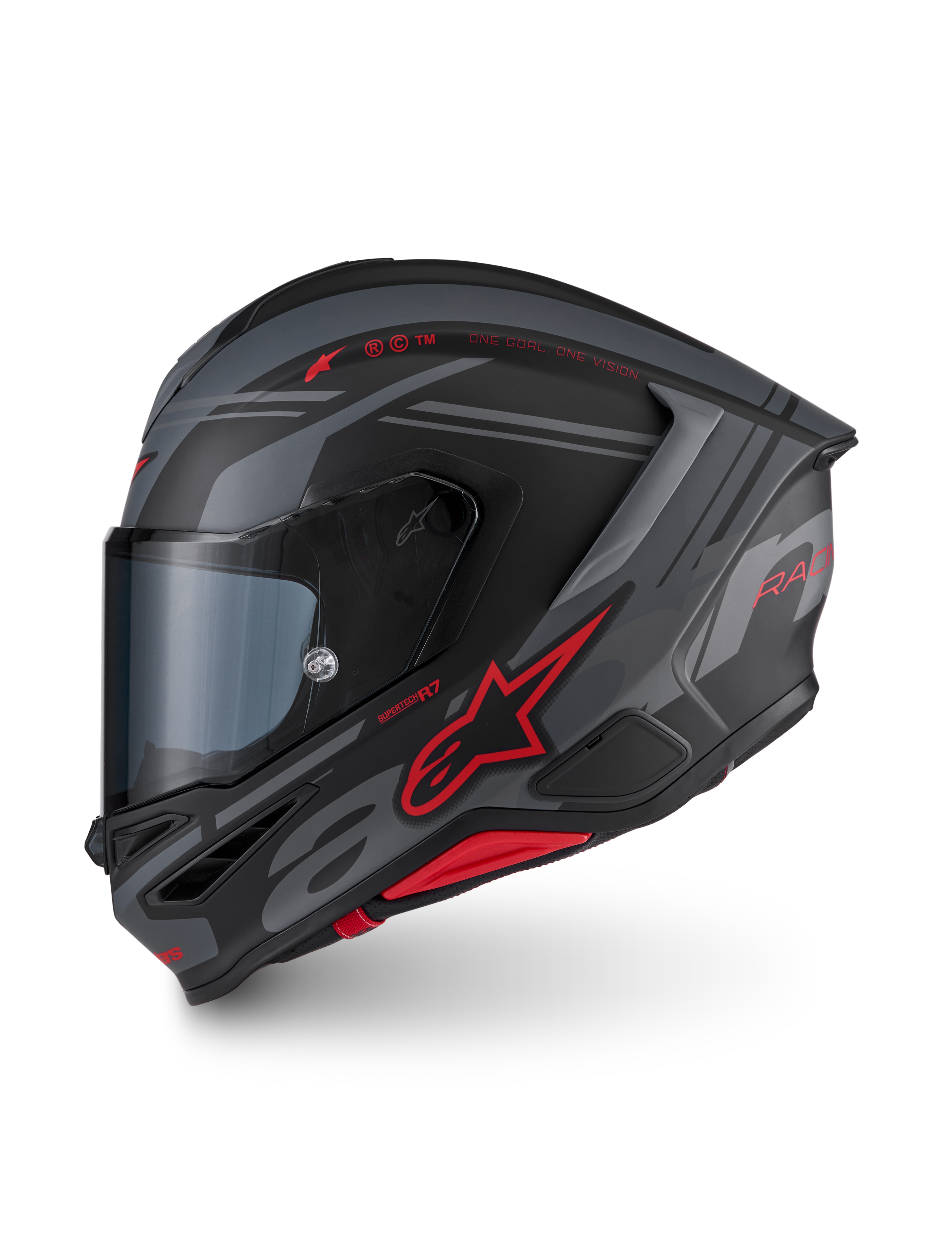 Alpinestars S-R7 A-Core Hjelm ECE06, full-face motorcykelhjelm i mat sort, grå og rød med aerodynamisk design og mærkedetaljer