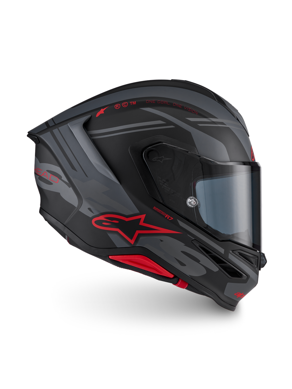 Alpinestars S-R7 A-Core helmen ECE 22.06, full-face motorcykelracinghjelm, matsort, grå og rød, kulfiberkonstruktion med aerodynamisk profil og rød Alpinestars-branding