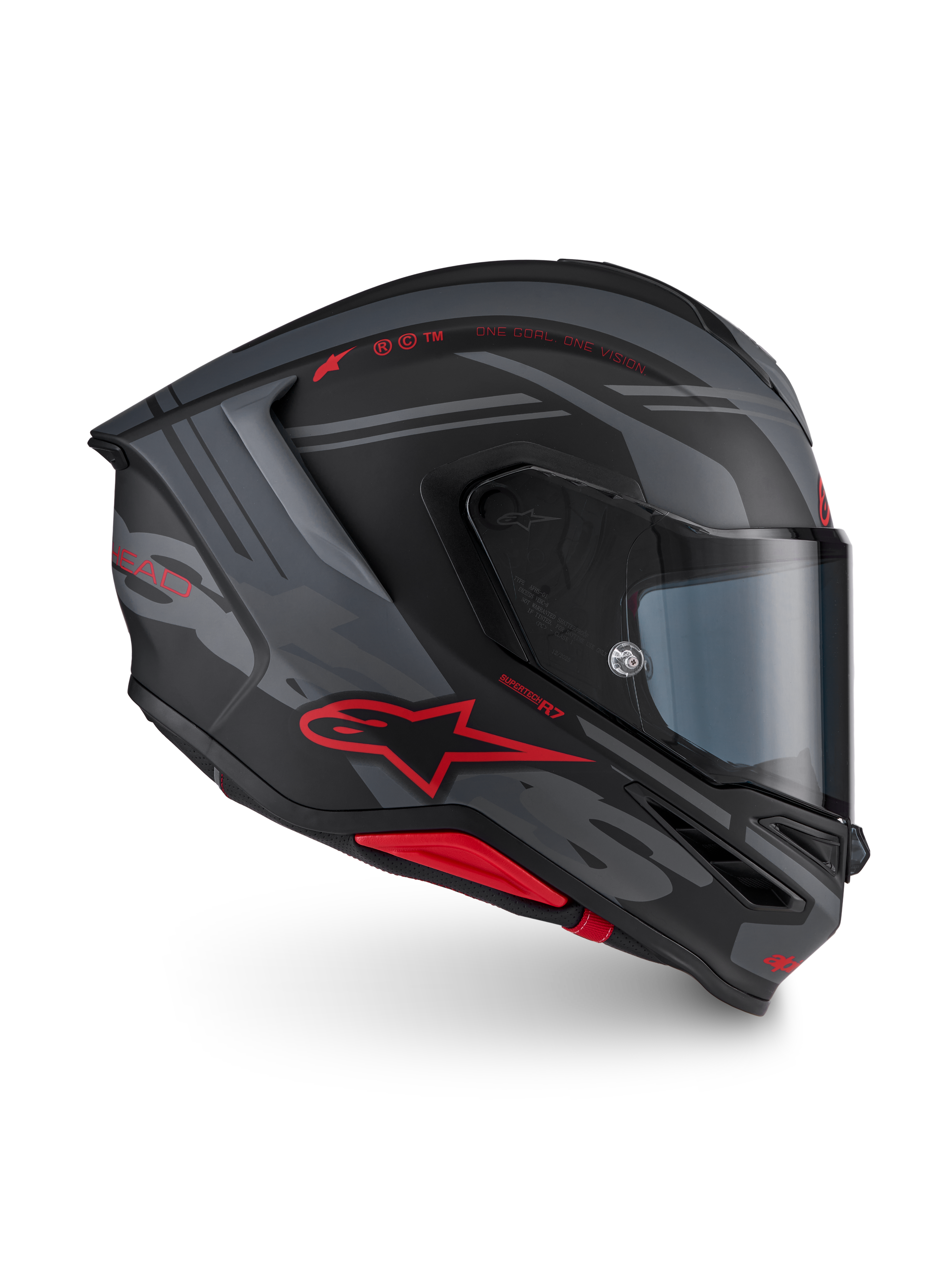 Alpinestars S-R7 A-Core helmen ECE 22.06, full-face motorcykelracinghjelm, matsort, grå og rød, kulfiberkonstruktion med aerodynamisk profil og rød Alpinestars-branding