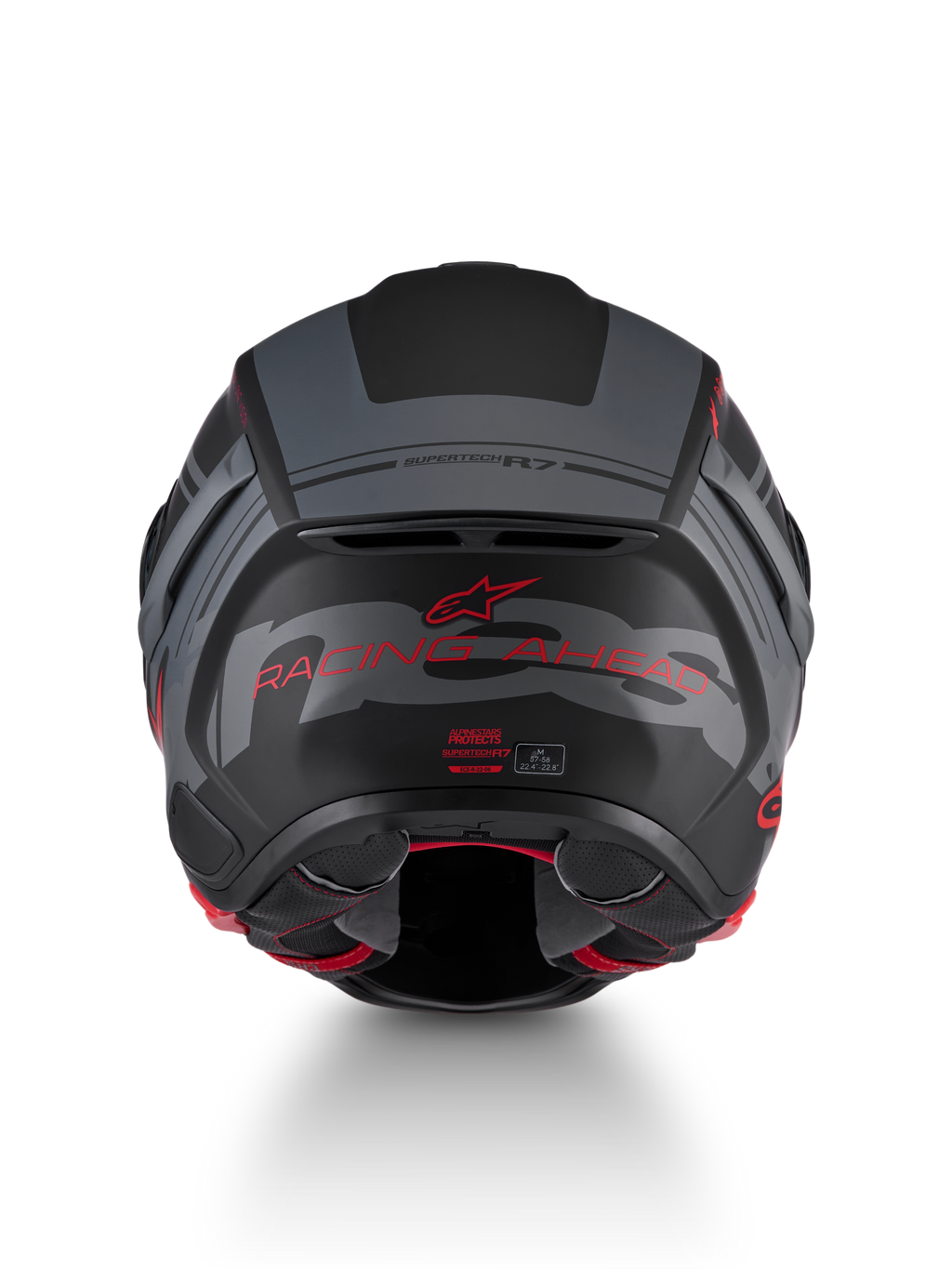 Alpinestars S-R7 A-Core Hjelm ECE 22.06, motorcykelracinghjelm, set bagfra med sort, grå og rød mat farvekombination og mærkedetaljer
