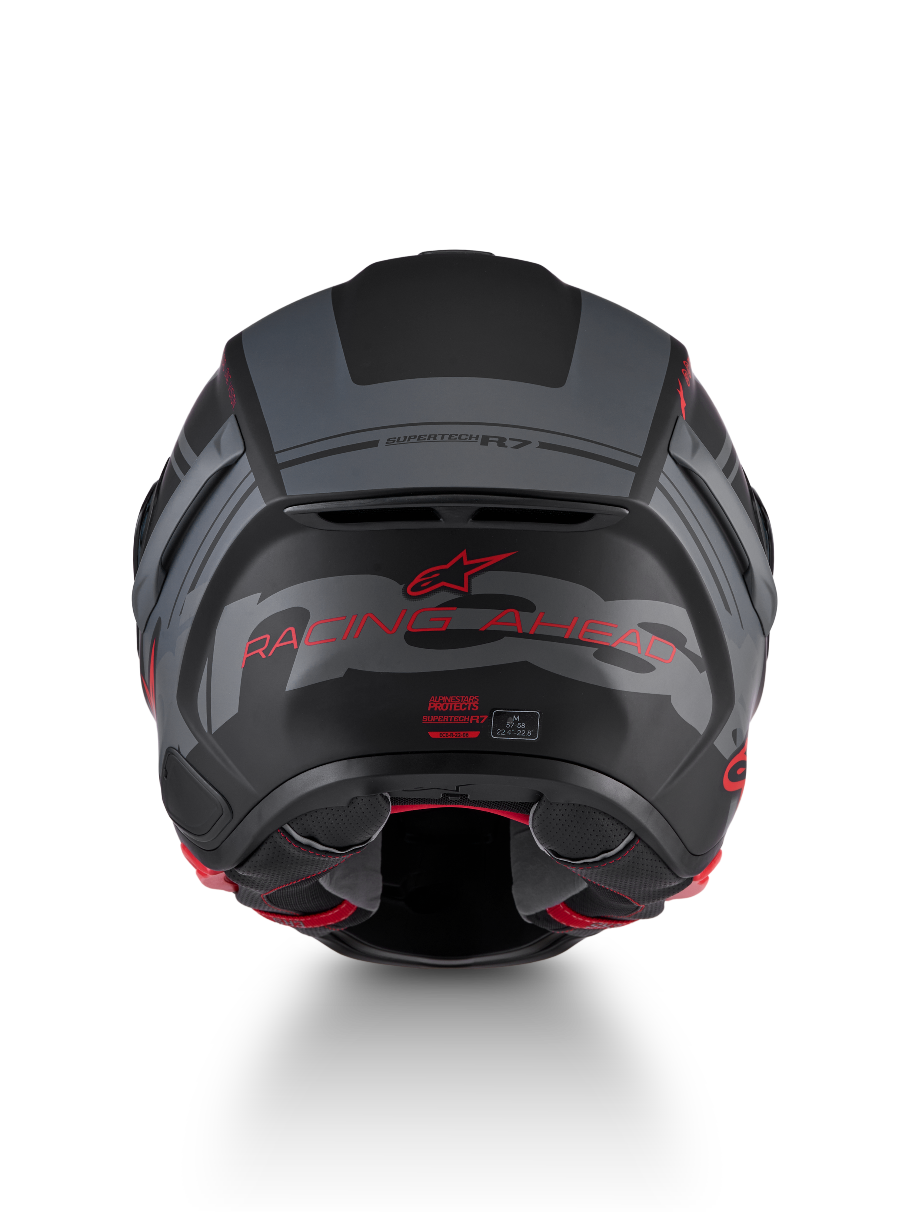 Alpinestars S-R7 A-Core Hjelm ECE 22.06, motorcykelracinghjelm, set bagfra med sort, grå og rød mat farvekombination og mærkedetaljer