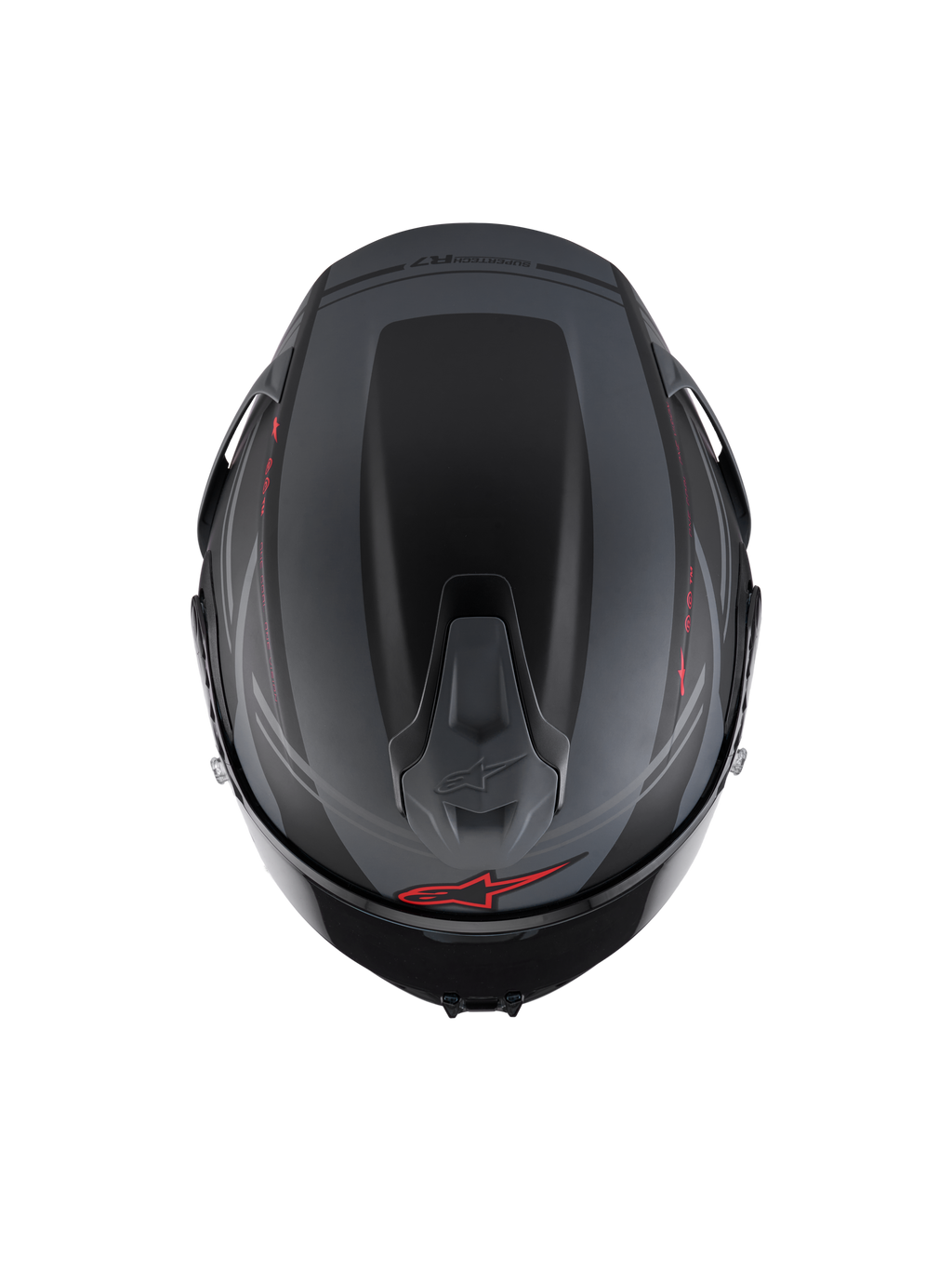 Alpinestars S-R7 A-Core Hjelm ECE06, fuldface motorcykelracinghjelm set ovenfra, sort, grå og rød med aerodynamisk spoiler og ventilation
